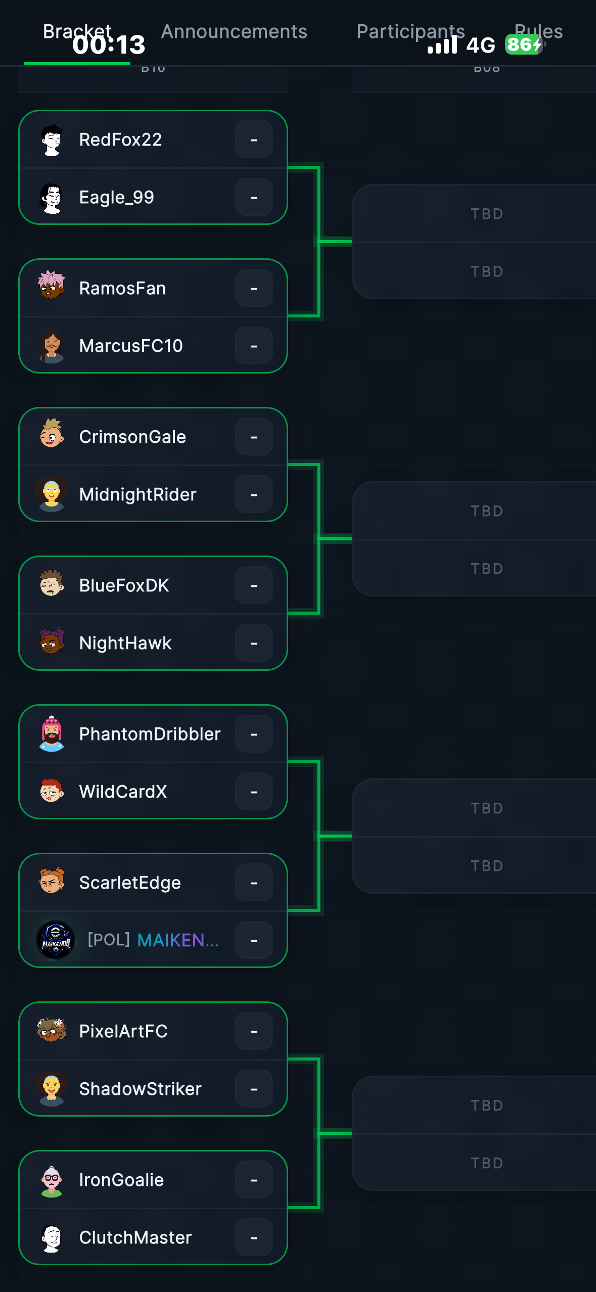 Live tournament bracket on Cupside mobile