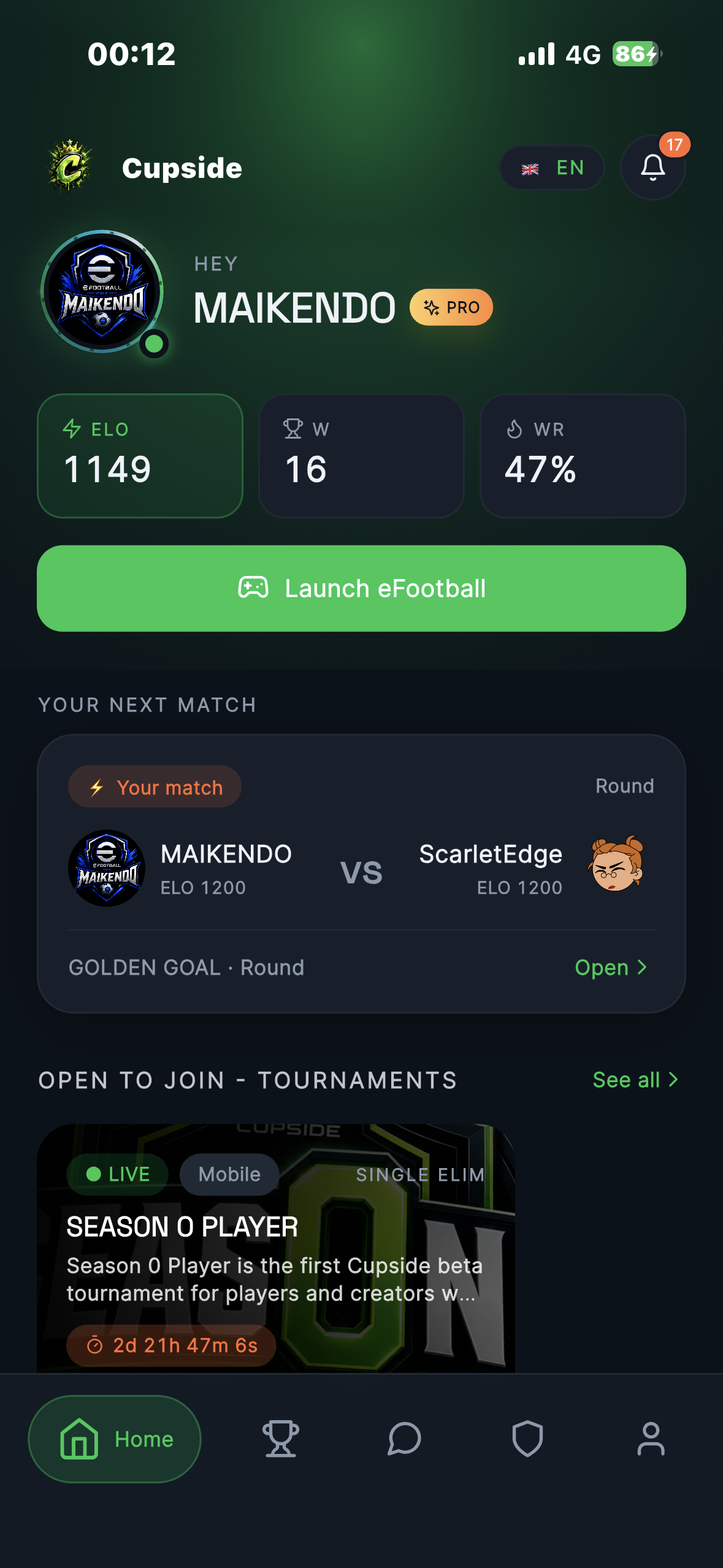 Cupside home dashboard with upcoming match